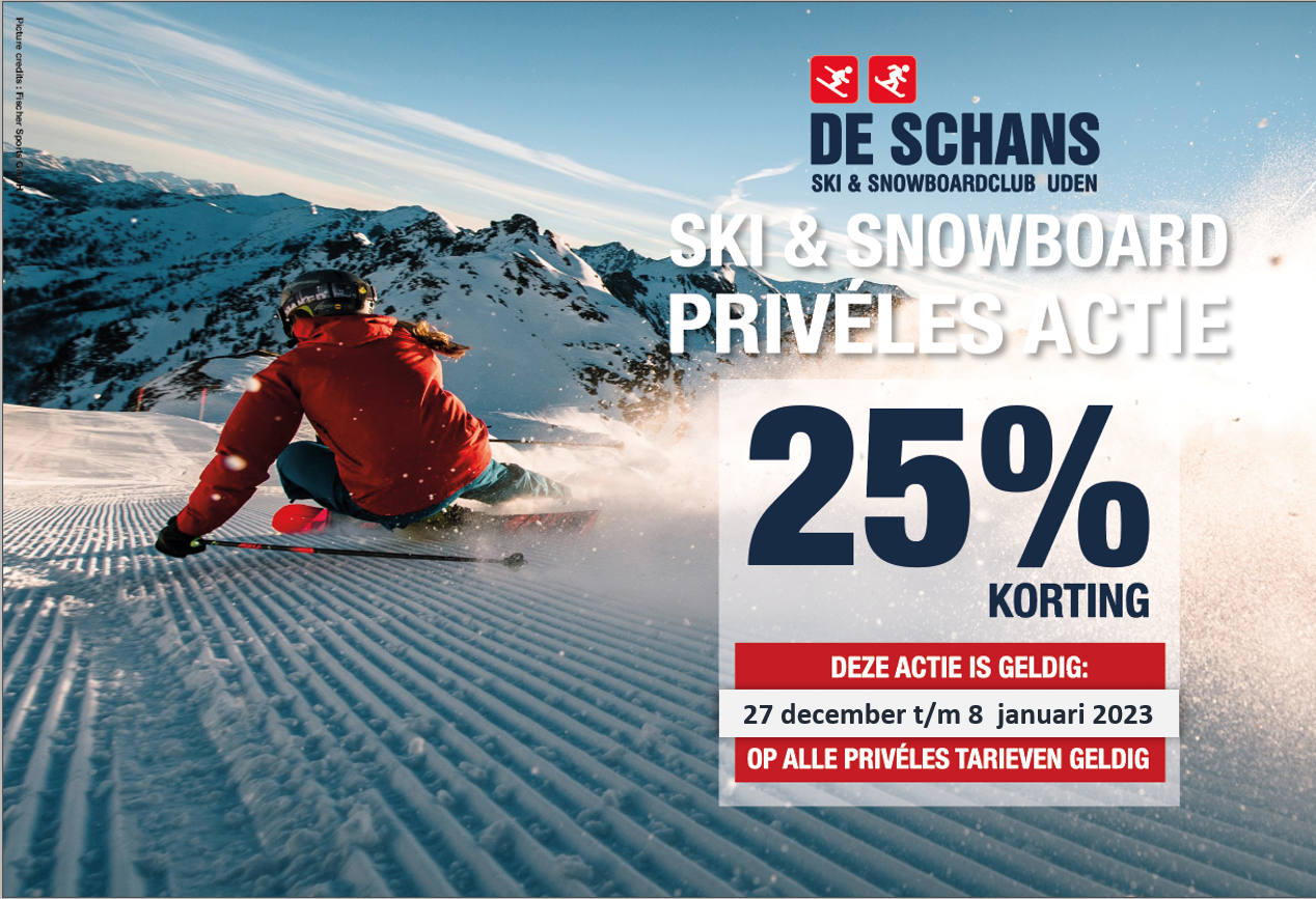 Acties: 25% korting op privé lessen // €10 actie voor vrij skiën en snowboarden